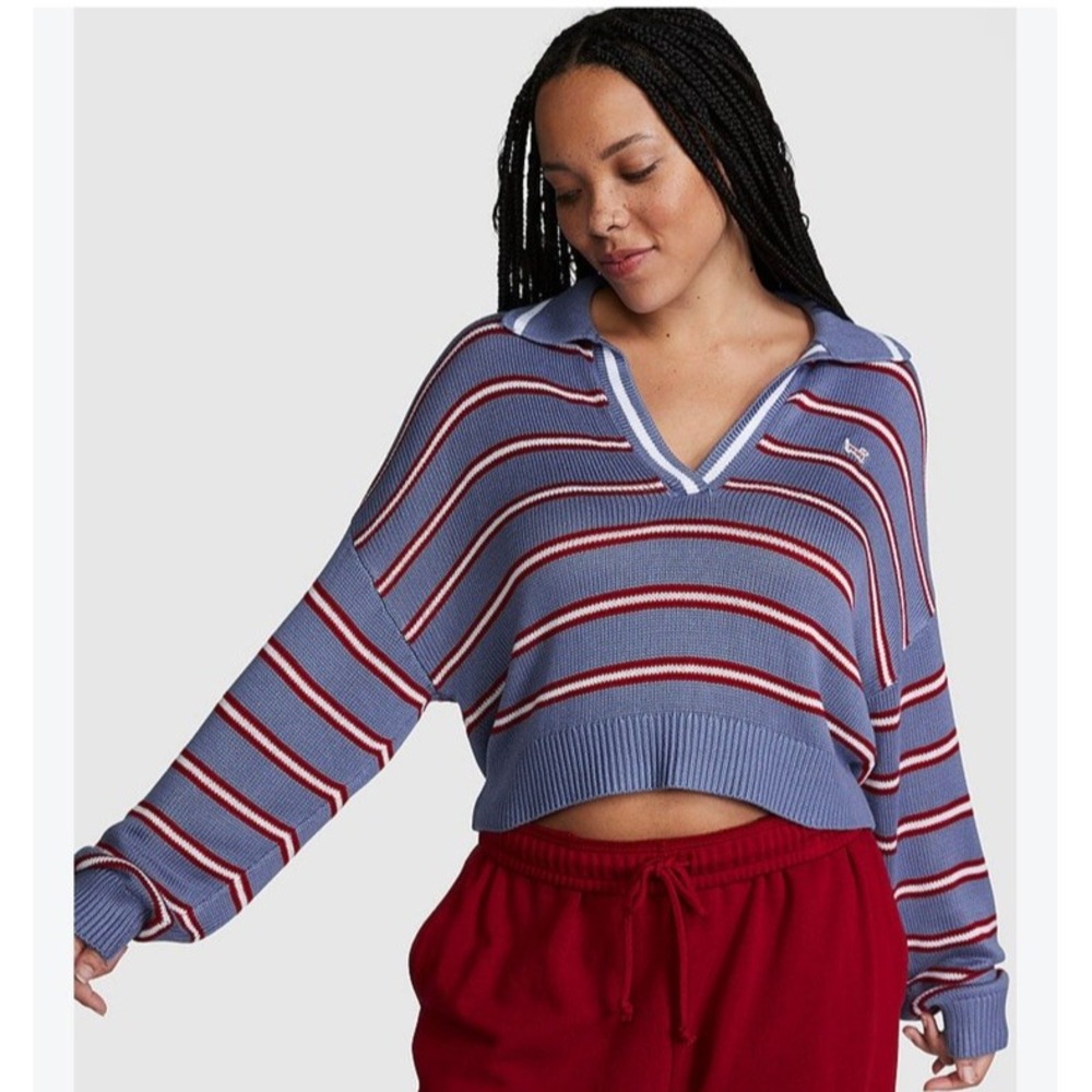 Victoria's Secret Pink Knit Cropped Sweater Large Striped Dusty Blue Red Stripe